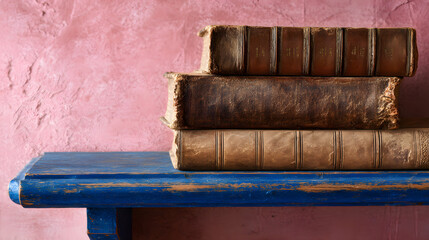 Stack of antique books with worn leather covers on a rustic shelf, evoking timeless wisdom and nostalgia.