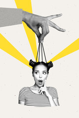 3d sketch image pop vertical collage of shocked employee girl hang master ribbon hand control...