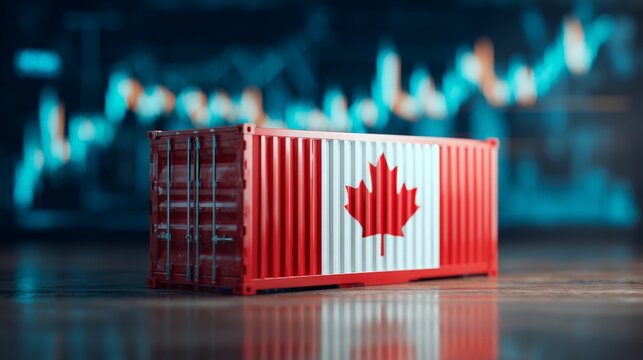 canadian cargo container with national flag against financial stock chart, international trade reports, economic outlook analysis, import and export logistics 
