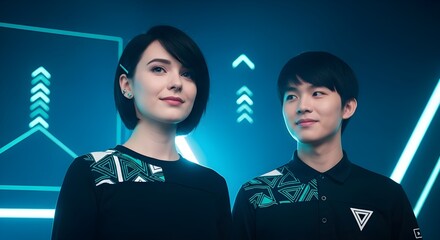 Diverse young professionals standing confidently against a futuristic blue technology background