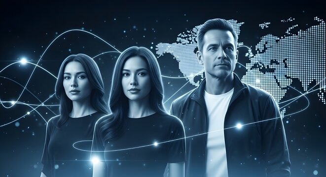 Professional diverse team standing in front of a global technology network and world map background