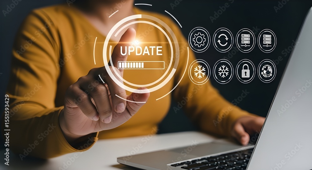 Poster update button activation on digital interface | woman's hand touching update progress bar on futuris