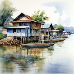 Obraz premium Traditional Water Village with Boats and Calm Reflections