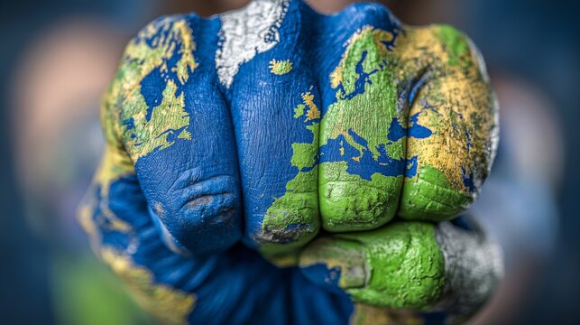 Climate activism is powerfully symbolized by a raised fist bearing a globe painting, a striking image that encapsulates the Environmental Activism Justice Concept at a protest - Powered by Adobe