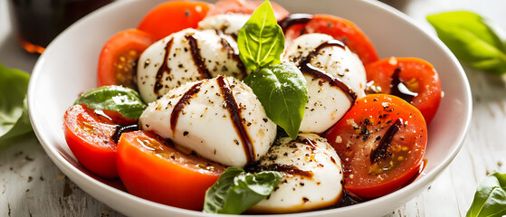 Fresh Caprese Salad with Cherry Tomatoes, Mozzarella Balls, and Basil Leaves