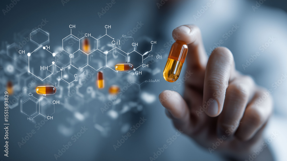 Poster artificial intelligence analyzing pharmaceutical data, futuristic ui with molecular structures