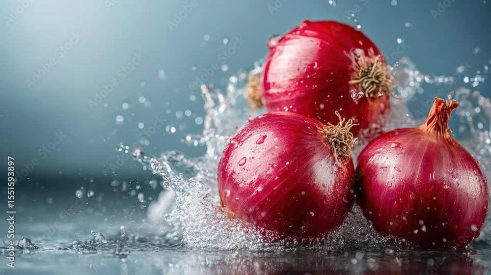 Poster a stunning composition of red onions dynamically splashing in clear water, highlighting their vibran