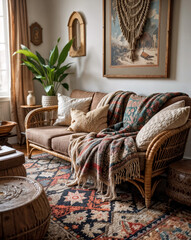 Bohemian living room with personality Vintage rattan sofa pattern Moroccan rug and overlapping blankets