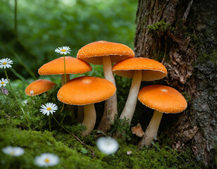 primer plano de hongos coloridos de color naranja que prosperan en la base de un árbol, sobre un exuberante fondo verde adornado con delicadas flores.
