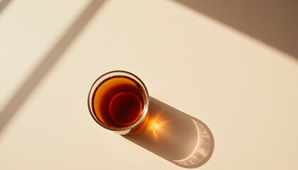 Cold brew coffee in a glass casting a shadow on a light background  