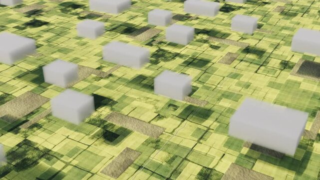 parallelepiped clouds float over green fields