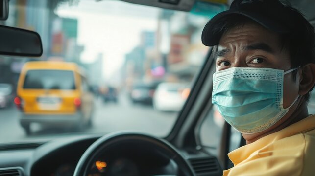A Taxi Driver Wearing a Protective Mask During the Pandemic, driving on the streets
