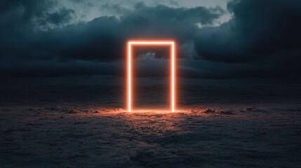 A glowing neon doorway stands alone against a dark, stormy sky, evoking a sense of mystery and inviting exploration into the unknown realms beyond.
