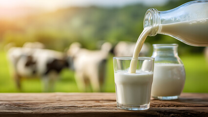 Wholesome farm fresh milk in glass with cows in background. Dairy farm and milk production