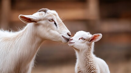 A tender moment between a mother goat and her kid showcases a bond of affection and care in a serene outdoor setting, emphasizing the beauty of nature's connections.