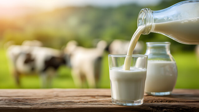Wholesome farm fresh milk in glass with cows in background. Dairy farm and milk production