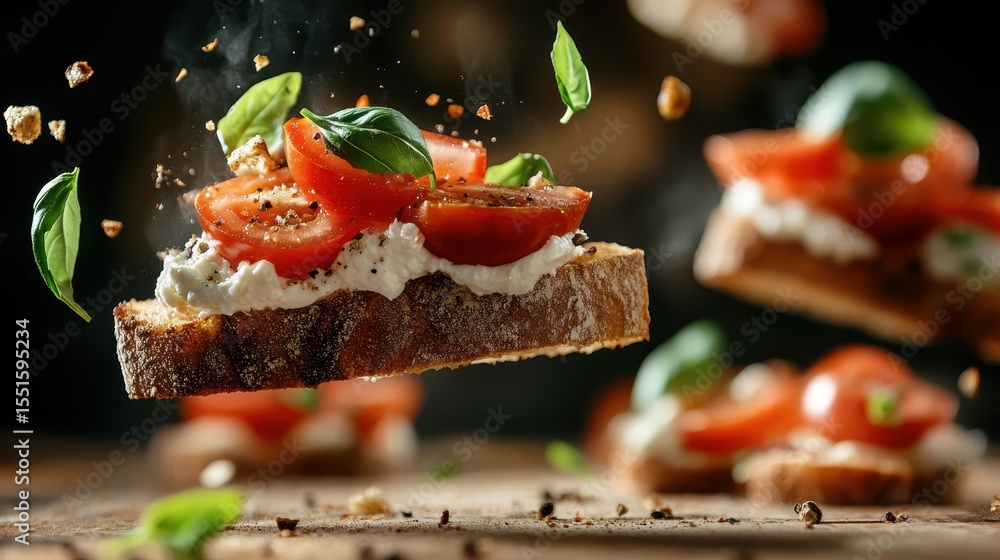 Poster a visually stunning capture of floating bruschetta topped with tomatoes and basil, highlighting the 