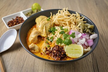 Noodles with chicken curry soup , Thai called khao soi kai ,Northern food of thailand
