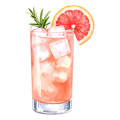 Watercolor illustration of a refreshing Paloma cocktail. Cocktail drink watercolor illustration on transparent background.