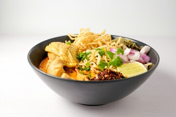Noodles with chicken curry soup , Thai called khao soi kai ,Northern food of thailand