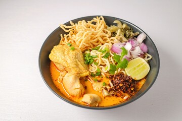 Noodles with chicken curry soup , Thai called khao soi kai ,Northern food of thailand