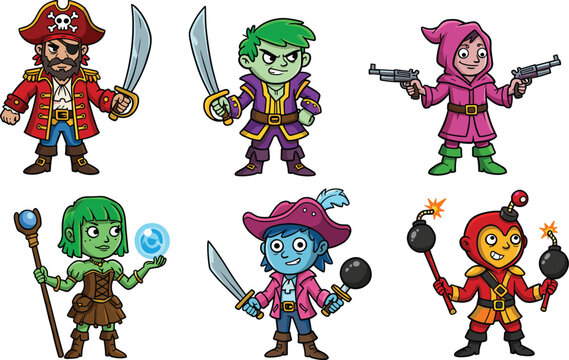 Fototapeta Cartoon fantasy characters collection, pirate knight wizard thief, magic warrior set, game avatar icons, colorful RPG heroes, kids style, vector illustration, isolated design