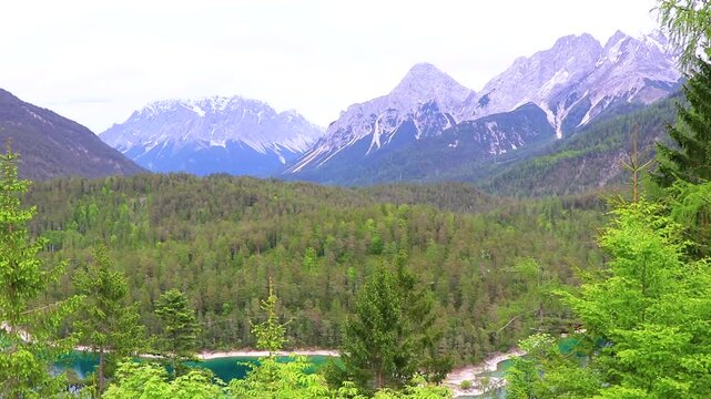Panoramic view Zugspitze mountain alpine landscape in Alps Tyrol Austria.