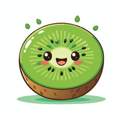 Cute Kiwi Flat Vector &ndash; Bold Black Outline, Happy Expression, Minimal Kawaii Style

