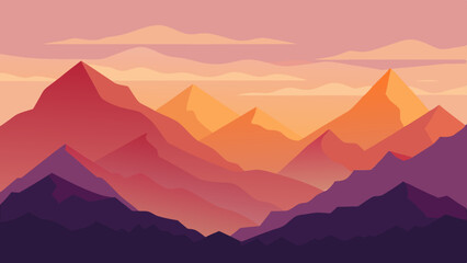 Vibrant layered mountain range landscape at sunset with warm color palette