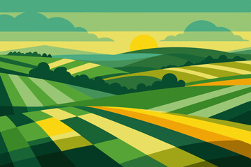 Stylized rolling green fields under a yellow sunrise sky with clouds