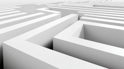 White three-dimensional maze with smooth walls and sharp corners in a geometric design under bright lighting and soft shadows