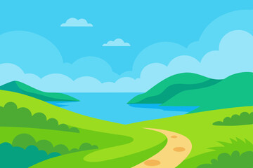 Scenic landscape with rolling green hills and a winding path leading to the ocean