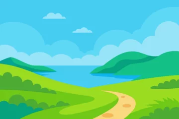 Fototapeten Lindgrün Scenic landscape with rolling green hills and a winding path leading to the ocean  © Rashada