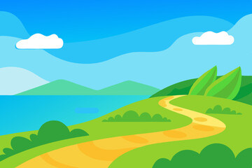 Obraz premium Stylized cartoon landscape with a winding path leading to a serene blue lake and distant mountains