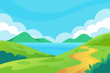 Obraz premium Vibrant cartoon landscape with rolling green hills a winding path and a calm blue lake under a cloudy sky
