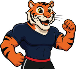 Cartoon illustration of strong muscular tiger mascot character in t-shirt, confident pose with clenched fist, isolated on white background for sports, fitness, or branding use