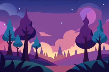 Selbstklebende Fototapeten Violett Stylized abstract landscape with purple trees and clouds at twilight  © Rashada