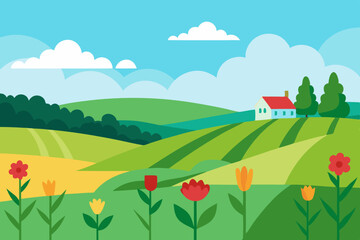 Charming countryside landscape with rolling hills and a cozy house