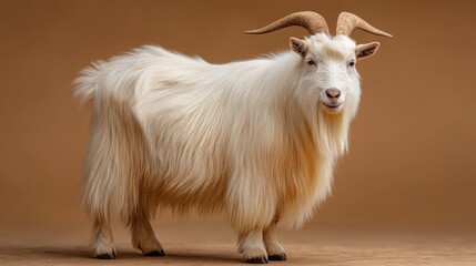 Obraz premium White long-haired goat with large curved horns standing against a plain beige background studio lighting clear detailed fur texture animal portrait