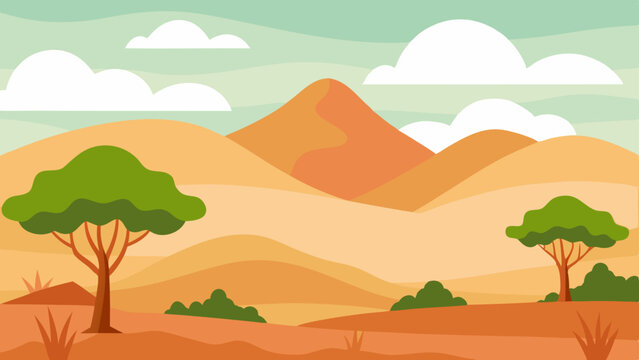 Stylized african savanna landscape with rolling hills trees and clouds