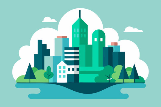 Stylized illustration of a modern city skyline with green buildings and trees