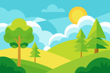 Obraz premium Vibrant flat design landscape with rolling hills trees and sunny sky