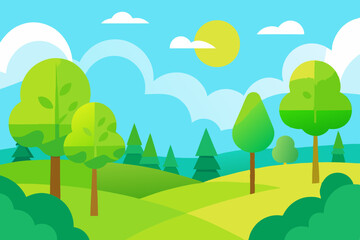 Obraz premium Vibrant flat design landscape with rolling hills trees and sunny sky