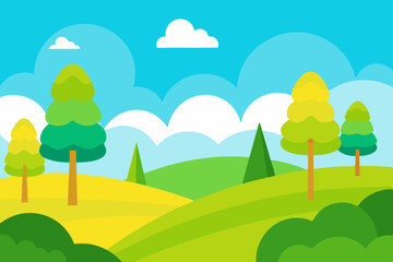 Obraz premium Vibrant cartoon landscape with rolling green hills and stylized trees under a blue sky