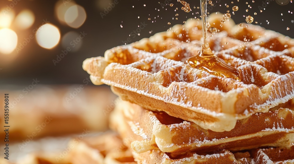 Poster a tempting stack of golden waffles drizzled with syrup and dusted with powdered sugar, ideal for bre