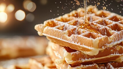 A tempting stack of golden waffles drizzled with syrup and dusted with powdered sugar, ideal for breakfast lovers and showcasing delightful culinary indulgence.