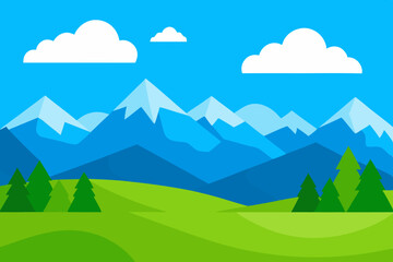 Fototapeta premium Stylized flat design of snowy mountains under a bright blue sky with clouds and green hills