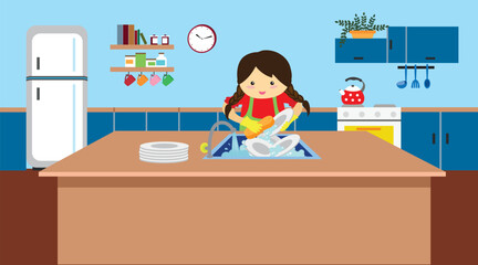 Girl washing dishes in the kitchen. Vector illustration in flat style.