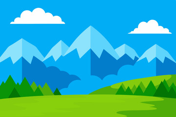 Vibrant flat design landscape with snow capped mountains and green rolling hills