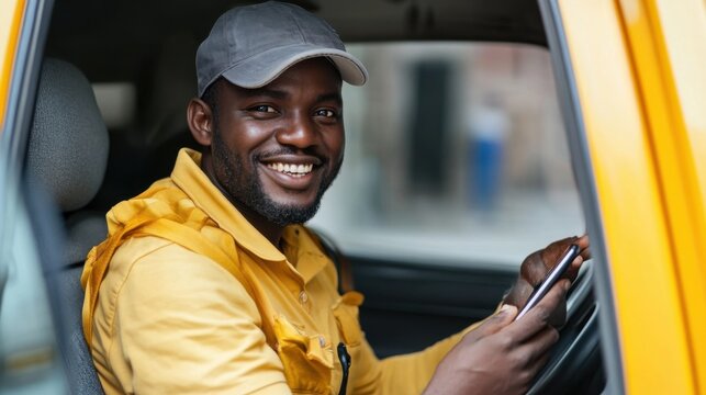 Smiling driver in yellow vehicle using smartphone for navigation or communication - Powered by Adobe